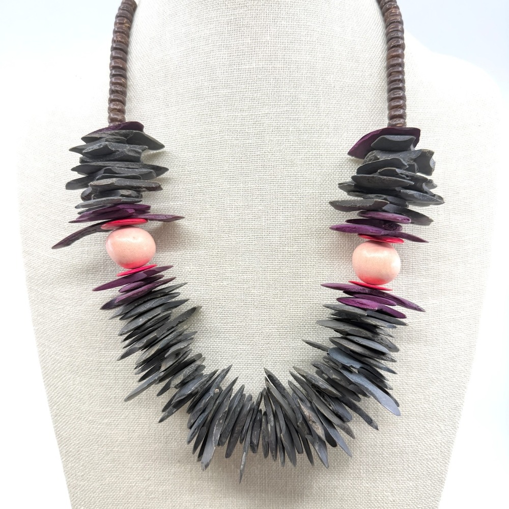 Boho Wood Beaded Statement Necklace Chunky Layered Festival Hippie Style Gift